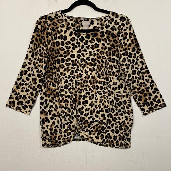 Chico's Leopard Twist Knot 3/4 Sleeve Knit Top Size Medium - Picture 1 of 6
